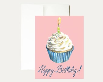 Birthday Cupcake Watercolor Greeting Card - Happy Birthday Cake - Hand Lettered Card - Pink-Pretty Birthday Card - Hand Painted - Stationery