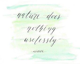 May include: Watercolor background with a quote in black calligraphy that reads "nature does nothing uselessly - aristotle".