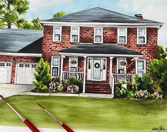 Red Brick House Watercolor Portrait - Custom Brick Home Painting - Custom Brick House Portrait -Housewarming Gift -Watercolor House Portrait