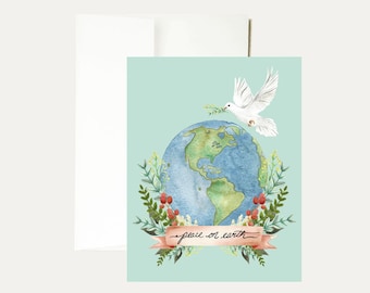 Biglietto di Natale con acquerello "Pace sulla Terra" - Natale nel mondo - Biglietto di auguri per le vacanze di pace - Natale globale - Colomba di Natale - Festività - Arte - Cancelleria