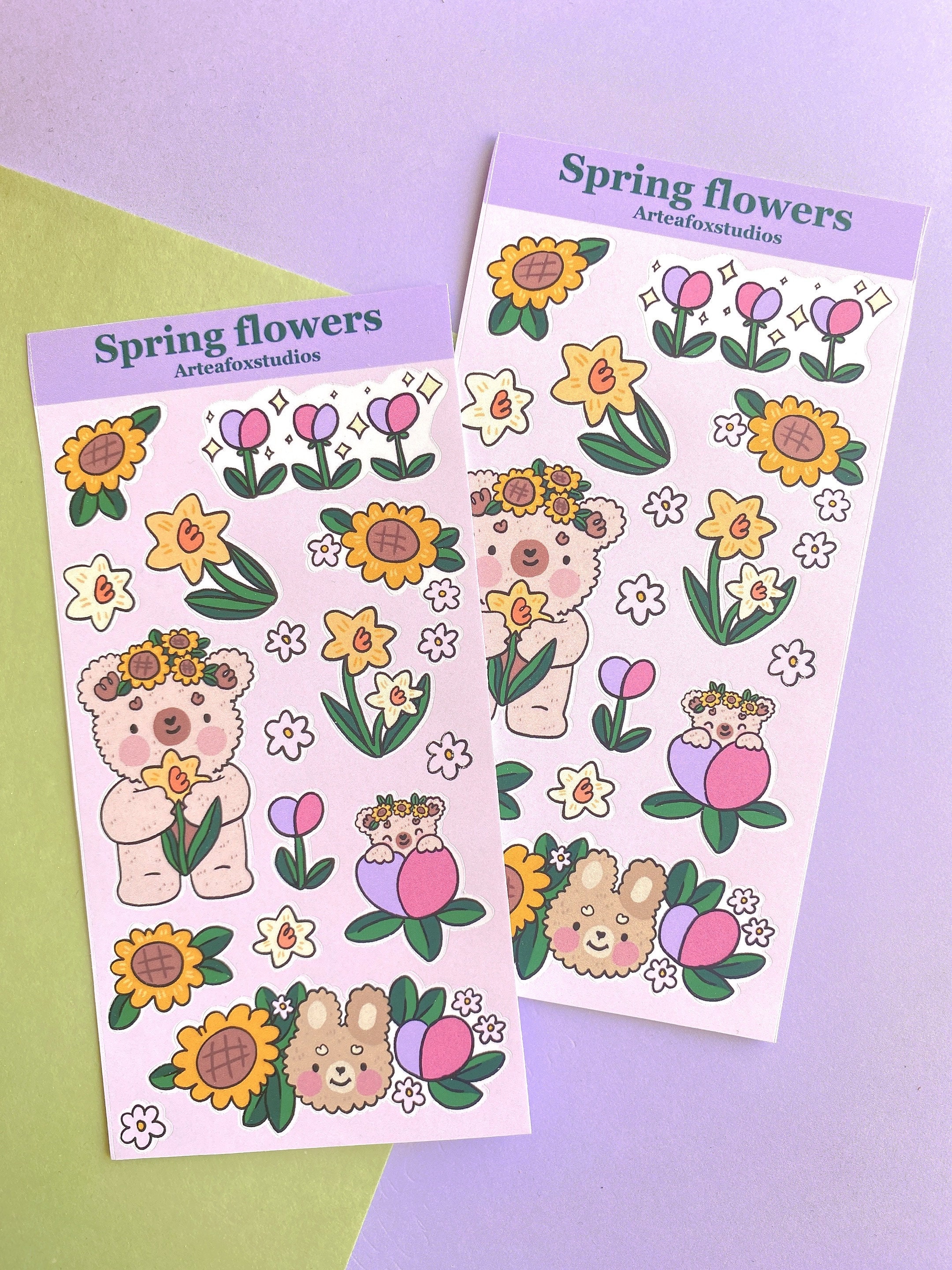 Butterscotch Peppermint Bear bunny spring sticker sheet |planner journal bujo decco stickers matte vinyl cottage core garden flowers