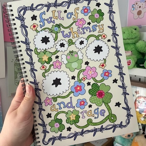 Full of whimsy and rage A4 spiral bound notebook, 100 sheets lined, matte satin cover, handmade hand-bound, cute funny journal