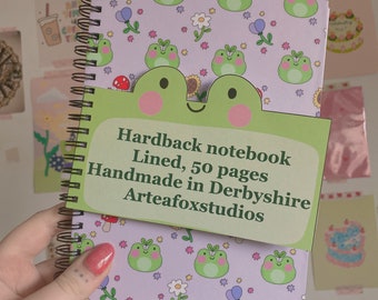 Handmade hardback lined spiral wire notepad 50 sheets premium paper cute illustrated froggy cottage core spring summer stationery notebook