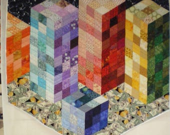 patchwork contemporain représentant des buildings, forme non conventionnelle, multicolore, sol en dollars,