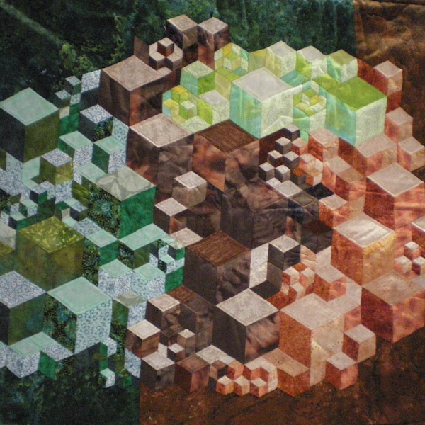 patchwork contemporain, panneau, tenture murale,les cubes, tons marron, vert, oranger, petit plais en coton.