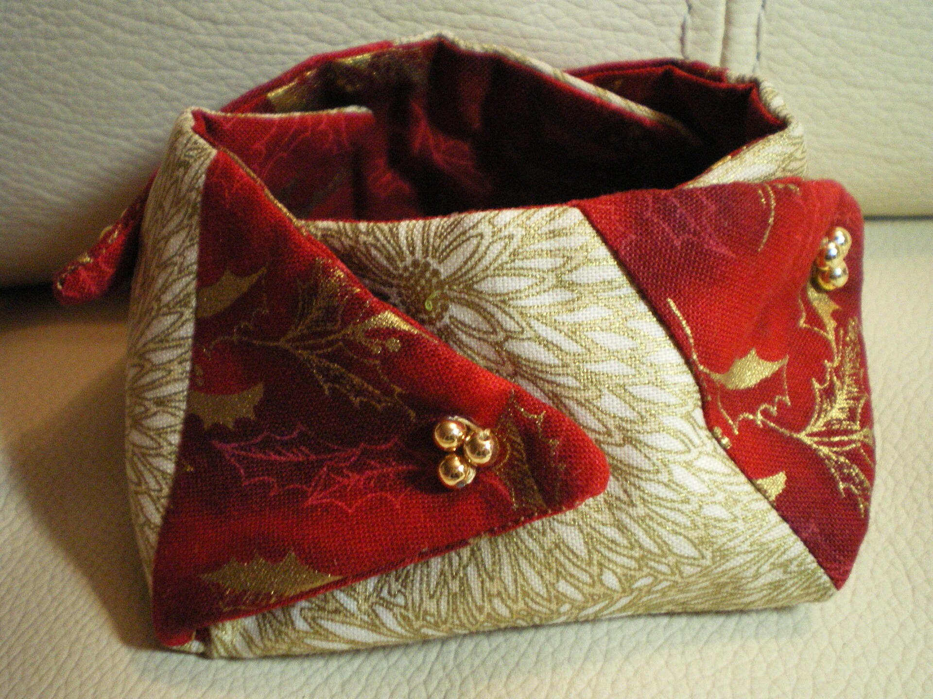 Petite Bourse de Noël en Tissu Rouge et Doré, Pochon, Fourre-Tout, Vide-Poche Patchwork