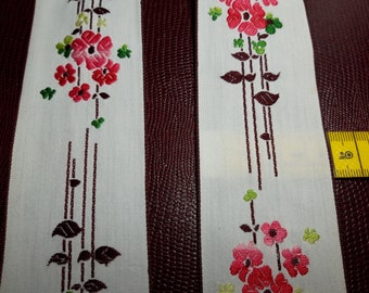 white cotton stripe embroidered with pink flowers and brown leaves, finished brown embroidery edges