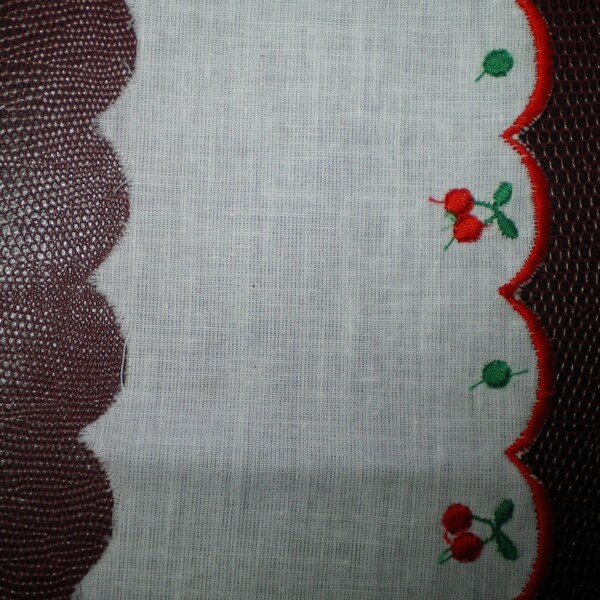 scalloped white cotton border and embroidered red cherries, vintage,