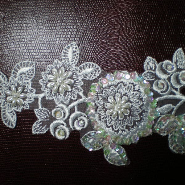 applicare per cucire ricamo bianco fine, perline e paillettes, bianco, annata,