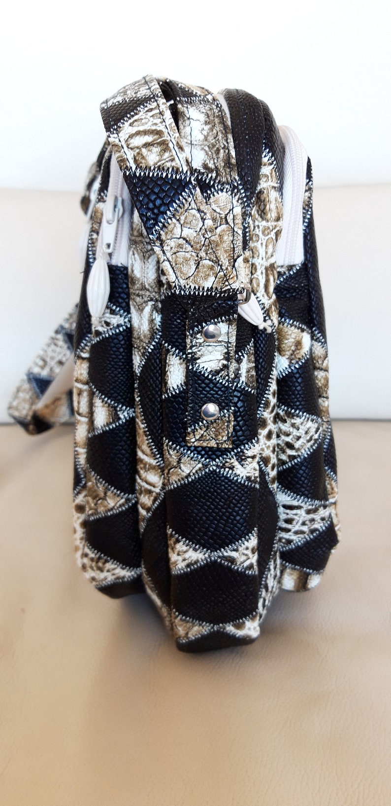 Tasche besace in schwarz braun beige rautenmuster wild | Etsy