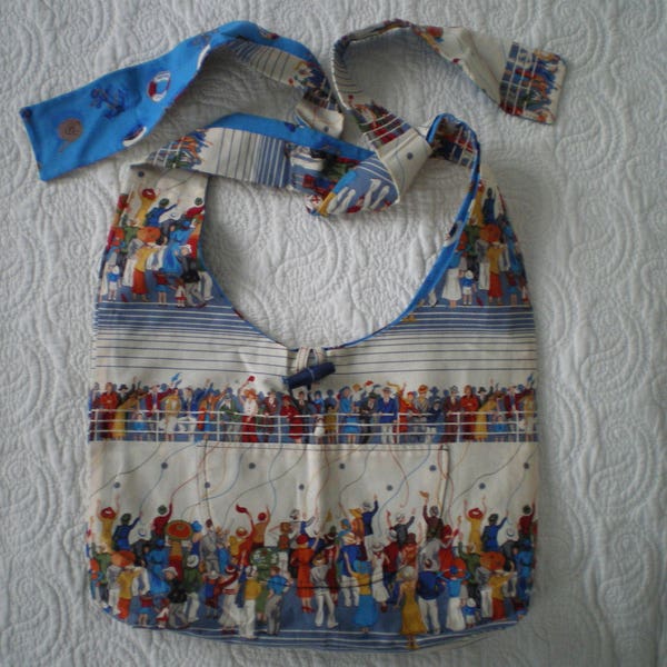 reversible bag in patchwork fabric blue tone, to tie,