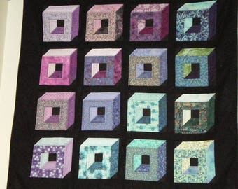 patchwork plaid cubes in 3D from pink to blue, quilt or bed throw, hand-mounted, wall decoration,
