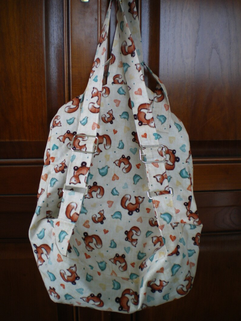 patchwork fabric Gorjuss Child backpack ecru background fox motifs,2 straps and 2 handles
