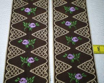 old embroidered stripe brown background pink flowers, vintage stylt for decoration clothes or furnishings,