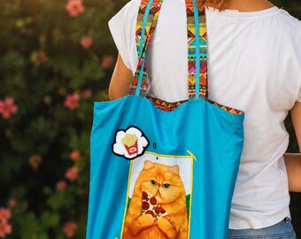 Handmade orange cat tote bag, original fabric shopping bag, reversible tote bag, gift for cat-loving women