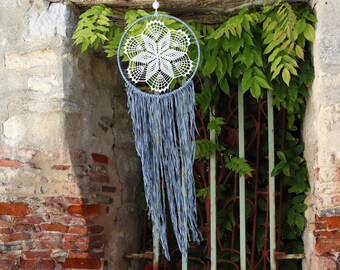 Attrape-rêves bohème fait main en bois 27 cm, Napperon vintage, Décoration murale boho 82 cm, Idée cadeau femme