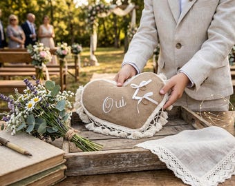 Country wedding cushion in embroidered jute, heart wedding ring holder