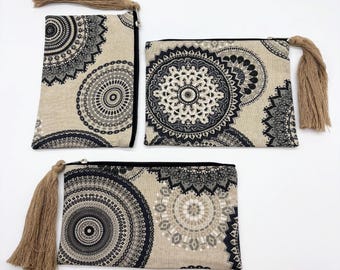 Trousse imprimée mandala,  Pochette bohème avec pompon,  Accessoire cosmétique, rangement sac
