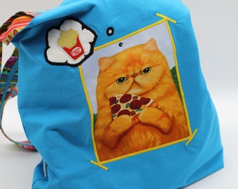 Reversible tote bag with ginger cat