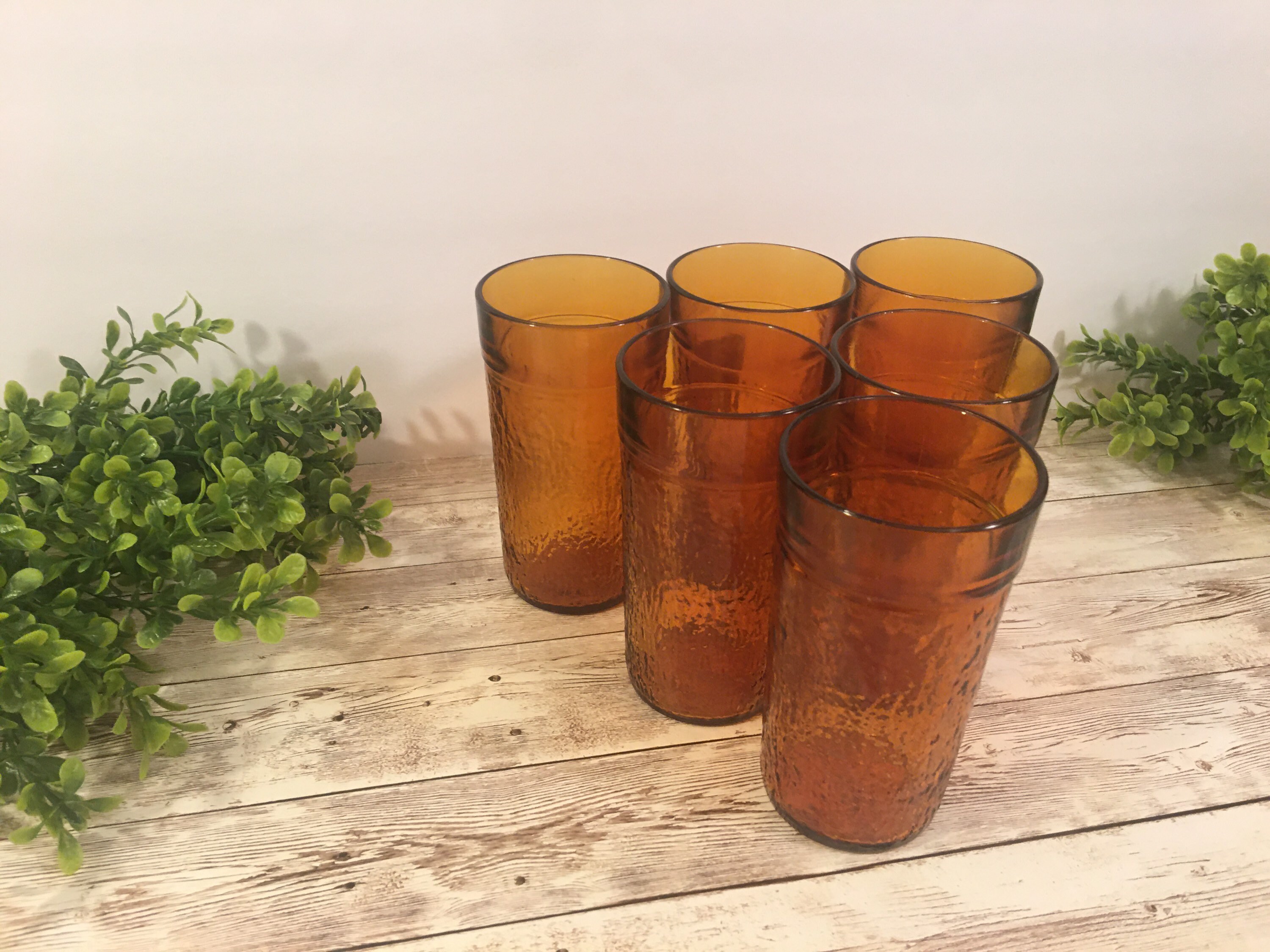 Vintage Amber drinking glasses/ set of 6/ textured glass/ Etsy