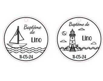 Etiquette ronde, thème de la mer, avec bateau ou phare, pour boite à dragées pour baptême, communion, mariage... Etiquette personnalisée