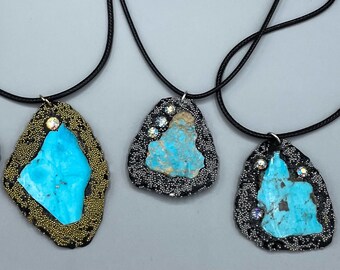 Turquoise with Clay Focal Pendant Necklace, Jewelry with Waxed Cord or Silk Ribbon, Lightweight OOAK Pendant Sculpted by Paulette Baron