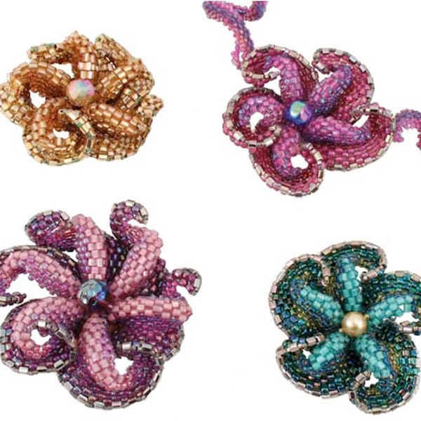 3D Beaded Flat Peyote Pinwheel Flowers Seed Beaded Pattern, Floral Beaded Spiral Pendant with Seedbeads and Pearls, Peyote Bead Weaving