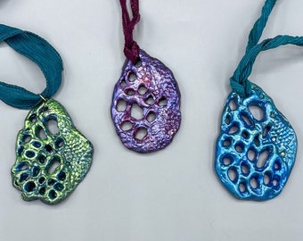 Clay Pendant Necklace Jewelry, Nature Inspired Snake Skin Texture Open Holes, Lightweight Unique Jewelry, Artisan Sculpted by Paulette Baron