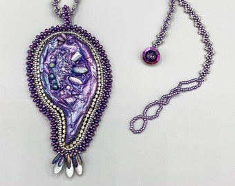 Handmade Clay Pendant Bead Embroidery Kit, Art to Wear Necklace, Purple Cabochon Focal, Bead Stitch Pattern, RAW Chain, by Paulette Baron