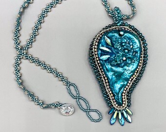 Clay Cabochon Blue Pendant Focal Bead Embroidery Kit, Art to Wear Necklace, Bead Stitch Pattern, RAW Chain, Hand Sculpted by Paulette Baron
