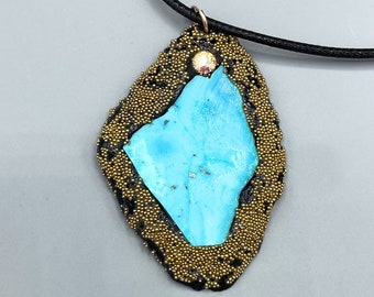 Turquoise Pendant Necklace Jewelry, Lightweight Handmade Clay with Semi-Precious Gemstone, w/Waxed Cord,  Pendant Sculpted by Paulette Baron