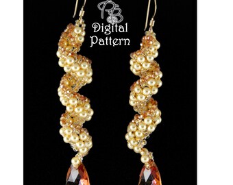 Pattern for Spiral Peyote Pearl Beaded Earrings Beadwoven Peyote with Pearls Crystals Seed beads Bead weaving Cellini Spiral Tutorials