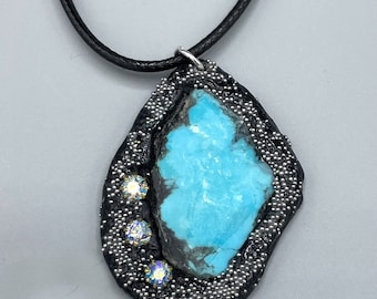 Genuine Turquoise Pendant Necklace, Handmade Clay with Semi-Precious Gemstone, w/Waxed Cord, Lightweight Pendant Sculpted by Paulette Baron