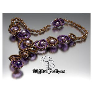 May include: A handcrafted necklace featuring a floral design with purple and gold beads. The necklace has a Y-shaped pendant and is adorned with pearl-like beads. The text "Digital Pattern" is visible.