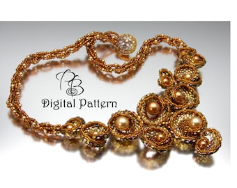 Pattern for Circles & Spirals Beaded Necklace, Beadwoven 3D Flat Peyote with Seedbeads, Peyote Bead weaving Tutorial, Spiral Rope, Cellini