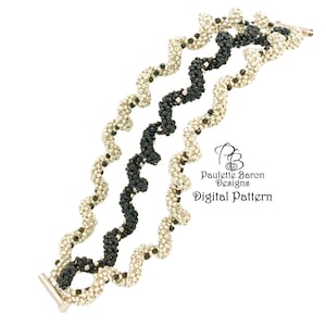 May include: A beaded bracelet with a wavy design in black and silver. The bracelet is made with small seed beads and has a clasp closure. The image includes the text "Paulette Baron Designs Digital Pattern".