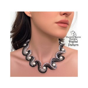 Pattern for Beaded Spiral Waves Peyote Necklace, 3D Ribbons of Seedbeads, Swarovski Pearls and a Hidden Clasp, Peyote Bead weaving Tutorial