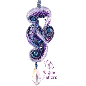 May include: A beaded pendant in shades of purple, blue, and silver, featuring a swirling, abstract design. The pendant includes dark blue beads and a teardrop-shaped crystal. The text "PB Digital Pattern" is visible.