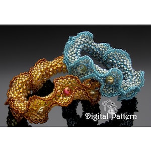 May include: Three beaded bracelets in blue, gold, and brown tones. The bracelets are stacked on top of each other and have a ruffled design. The bracelets are made with small beads and have a shiny finish.