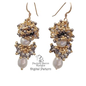 Pattern for 3D Peyote Ruffles & RAW Pagoda Pearl Earrings, Beadwoven DIY Jewelry, Tubular Peyote Swarovski, Crystals, Pearls and Seed beads