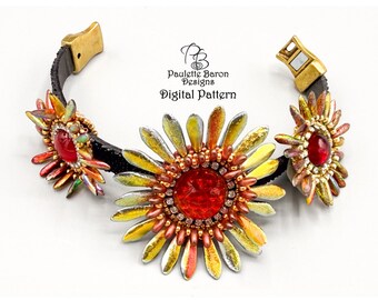 3D Peyote Stitch Leather Bracelet Tutorial, Sculptural floral-style sliders, Reflecting Daisy Sliders, Bead Embroidery, Bead weaving Pattern