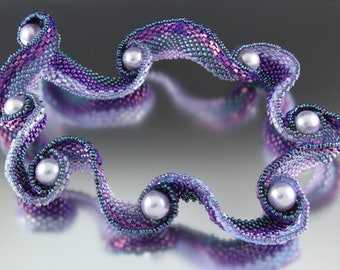 Beaded Spiral Waves Peyote Necklace Kit, 3D Ribbons of Seedbeads, Swarovski Pearls and a Hidden Clasp, Peyote Bead weaving Tutorial