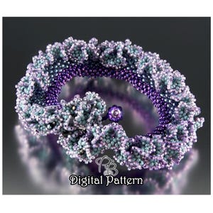 May include: A purple and blue beaded bracelet with a ruffled design. The bracelet is made with small seed beads and has a gradient of colour from purple to blue. The bracelet is a digital pattern.