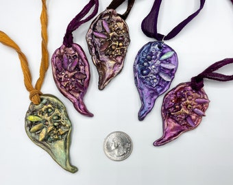 Handcrafted Art Clay Focal Lightweight Pendant with Silk Ribbon for Unique Jewelry, Ready to Wear Gift, Artisan Sculpted by Paulette Baron