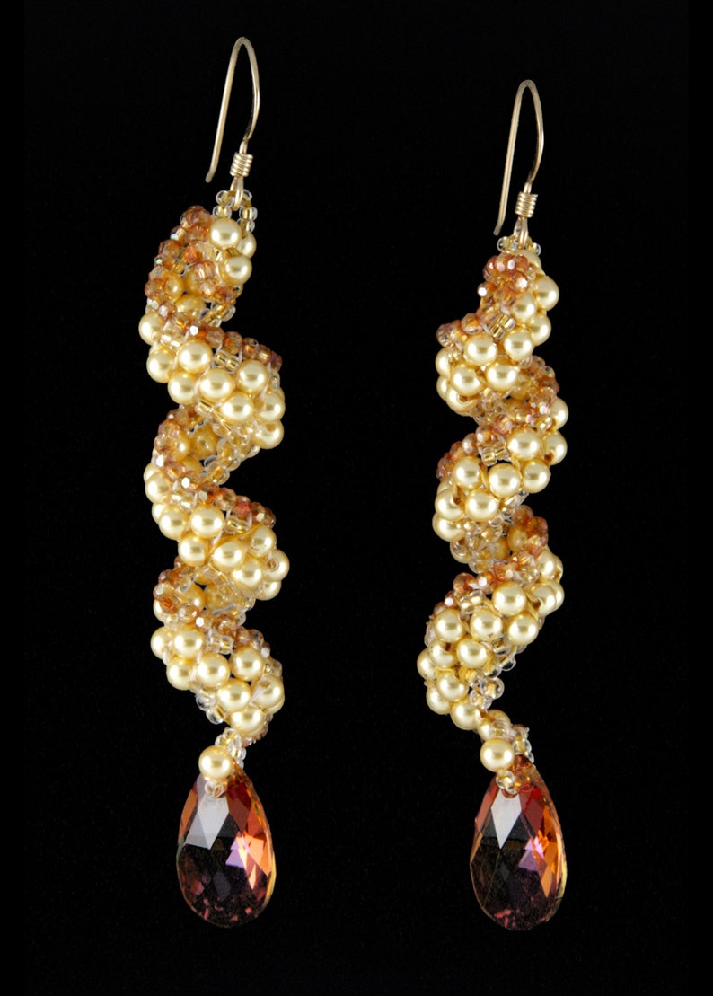 3D Spiral Peyote Pearl Earrings PDF Pattern, Treasure Trove Beaded Earrings Beadwoven, Peyote Pearls, crystals Seed beads, Bead weaving image 1