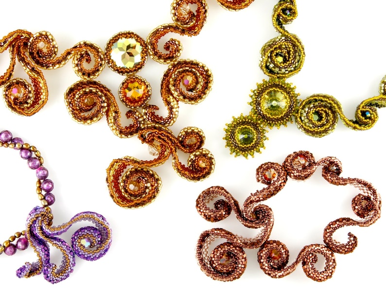 3D Flat Peyote Beaded Spirals Filigree Fantasy Necklace PDF Pattern, Beadwoven Rivoli Bezel w/Seedbeads & Pearls Peyote BeadWeaving Tutorial image 1