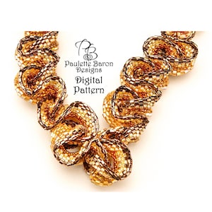 May include: A beaded necklace with a spiral design in shades of gold, brown, and bronze. The necklace is made of small, square beads and features the text "Paulette Baron Designs Digital Pattern".