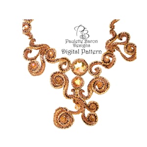 May include: A gold beaded necklace with a swirling design and a large crystal in the center. The necklace is labeled "Paulette Baron Designs Digitsl Pattern".