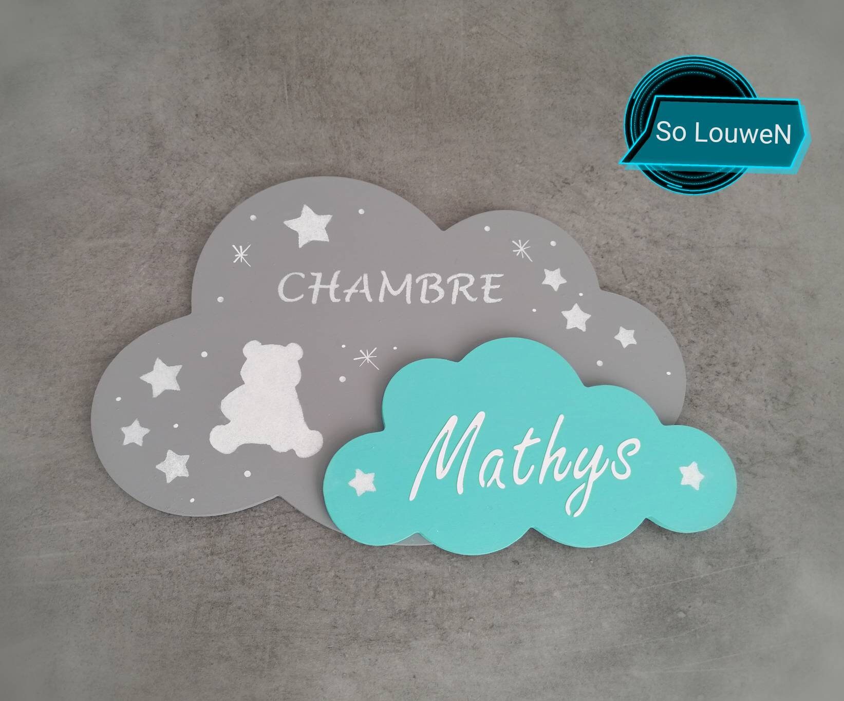 Sur Commande Plaque de Porte Nuage Double Décoration Chambre Enfant Bébé Vert, Gris et Blanc, Ourson