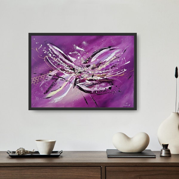 FLY AWAY Tableau abstrait unique violet/doré 70x50cm